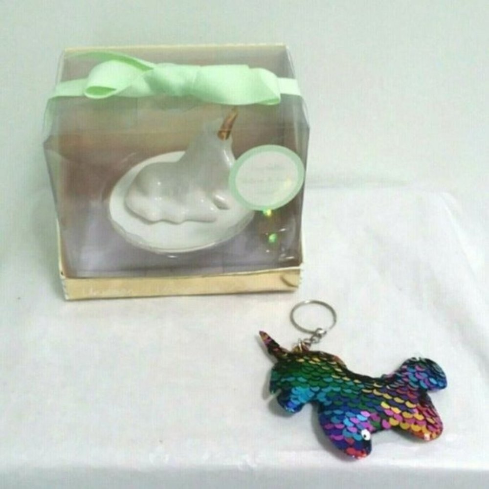Unicorn Ring HOLDER & Sequin Unicorn Keychain Jewelry Holiday Gift Set New